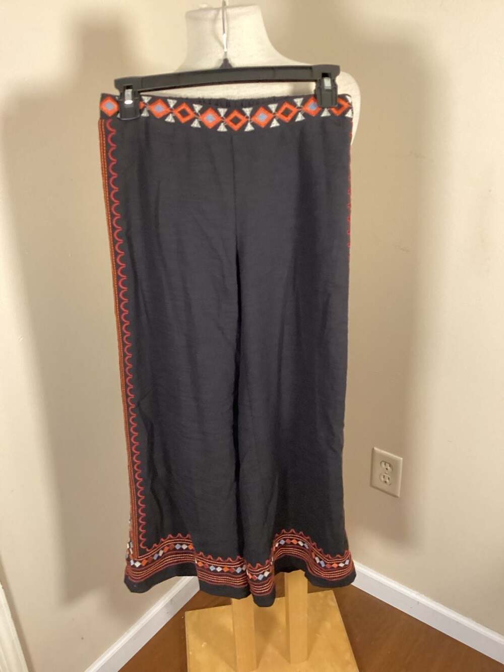 THML Black Wide Leg Embroidered Crop Pants with Geometric Trim